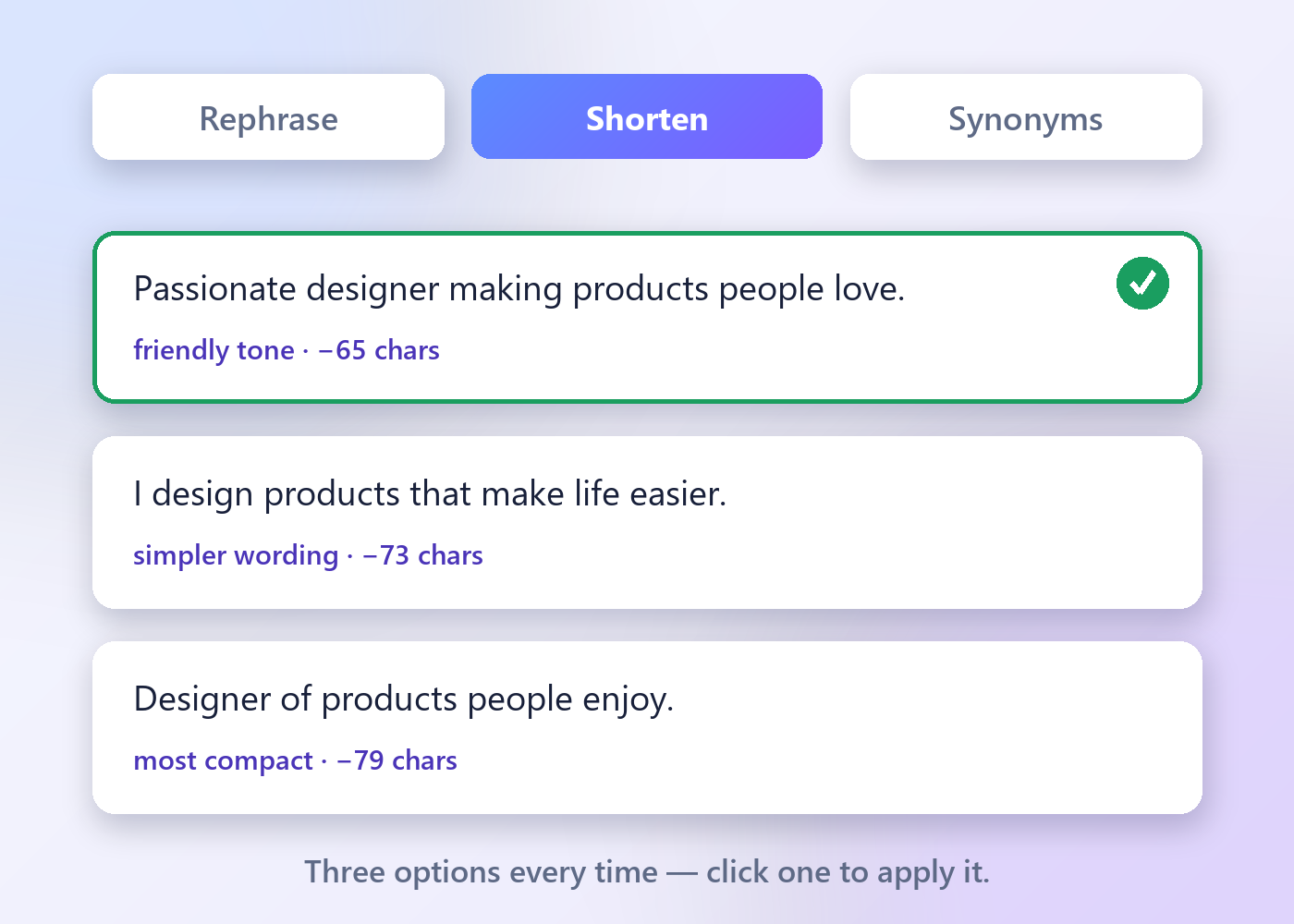 Adapt tab — rephrase, shorten or find synonyms, pick from 3 options