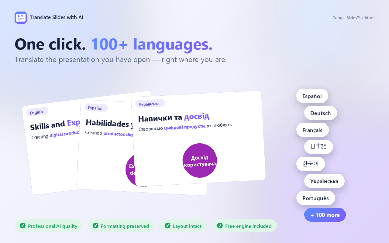 Translate Slides with AI — translate a Google Slides presentation into 100+ languages in one click
